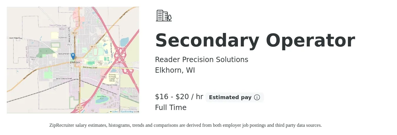 Reader Precision Solutions job posting for a Secondary Operator in Elkhorn, WI with a salary of $17 to $21 Hourly with a map of Elkhorn location.