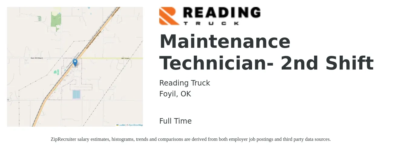Reading Truck job posting for a Maintenance Technician- 2nd Shift in Foyil, OK with a salary of $19 to $25 Hourly with a map of Foyil location.