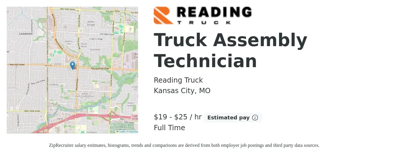 Reading Truck job posting for a Truck Assembly Technician in Kansas City, MO with a salary of $20 to $27 Hourly with a map of Kansas City location.