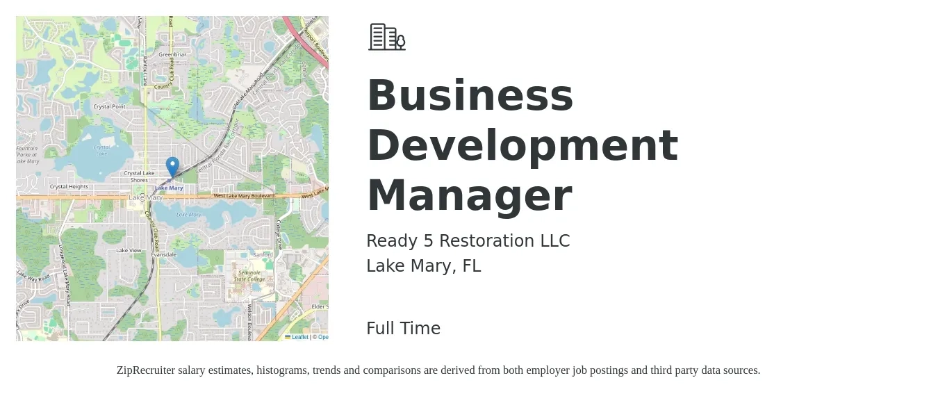 Ready 5 Restoration LLC job posting for a Business Development Manager in Lake Mary, FL with a salary of $53,300 to $87,400 Yearly with a map of Lake Mary location.