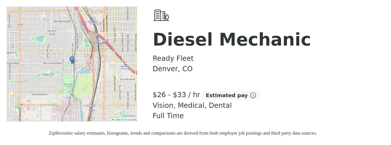 Ready Fleet job posting for a Diesel Mechanic in Denver, CO with a salary of $28 to $35 Hourly and benefits including dental, life_insurance, medical, and vision with a map of Denver location.