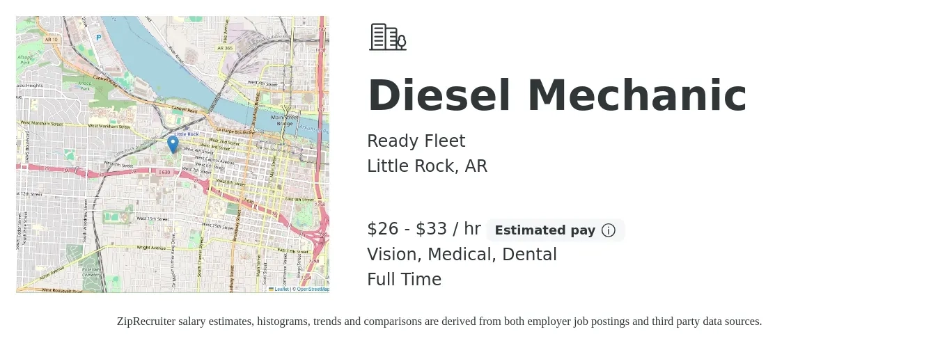 Ready Fleet job posting for a Diesel Mechanic in Little Rock, AR with a salary of $28 to $35 Hourly and benefits including life_insurance, medical, vision, and dental with a map of Little Rock location.