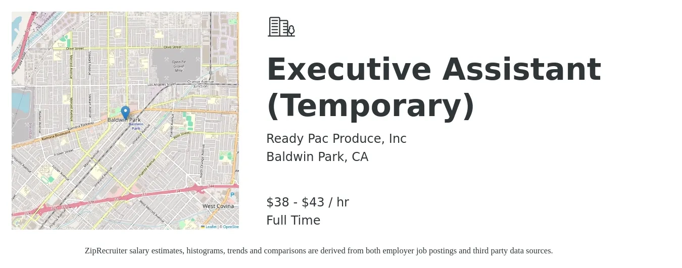 Ready Pac Produce, Inc job posting for a Executive Assistant (Temporary) in Baldwin Park, CA with a salary of $40 to $45 Hourly with a map of Baldwin Park location.