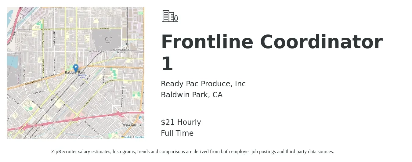 Ready Pac Produce, Inc job posting for a Frontline Coordinator 1 in Baldwin Park, CA with a salary of $22 Hourly with a map of Baldwin Park location.