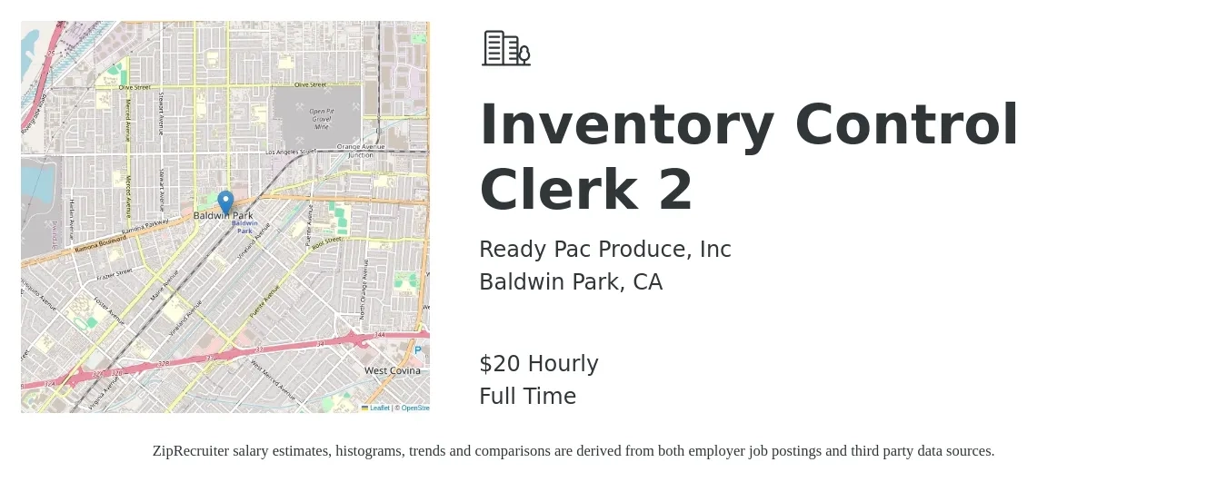 Ready Pac Produce, Inc job posting for a Inventory Control Clerk 2 in Baldwin Park, CA with a salary of $22 Hourly with a map of Baldwin Park location.