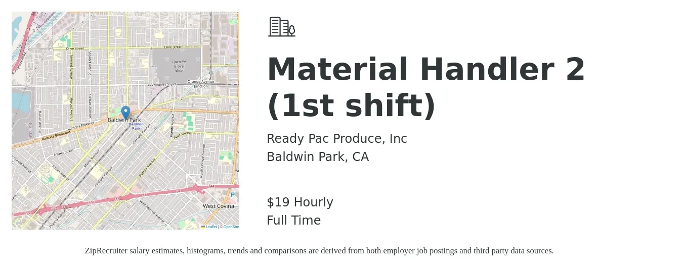 Ready Pac Produce, Inc job posting for a Material Handler 2 (1st shift) in Baldwin Park, CA with a salary of $21 Hourly with a map of Baldwin Park location.