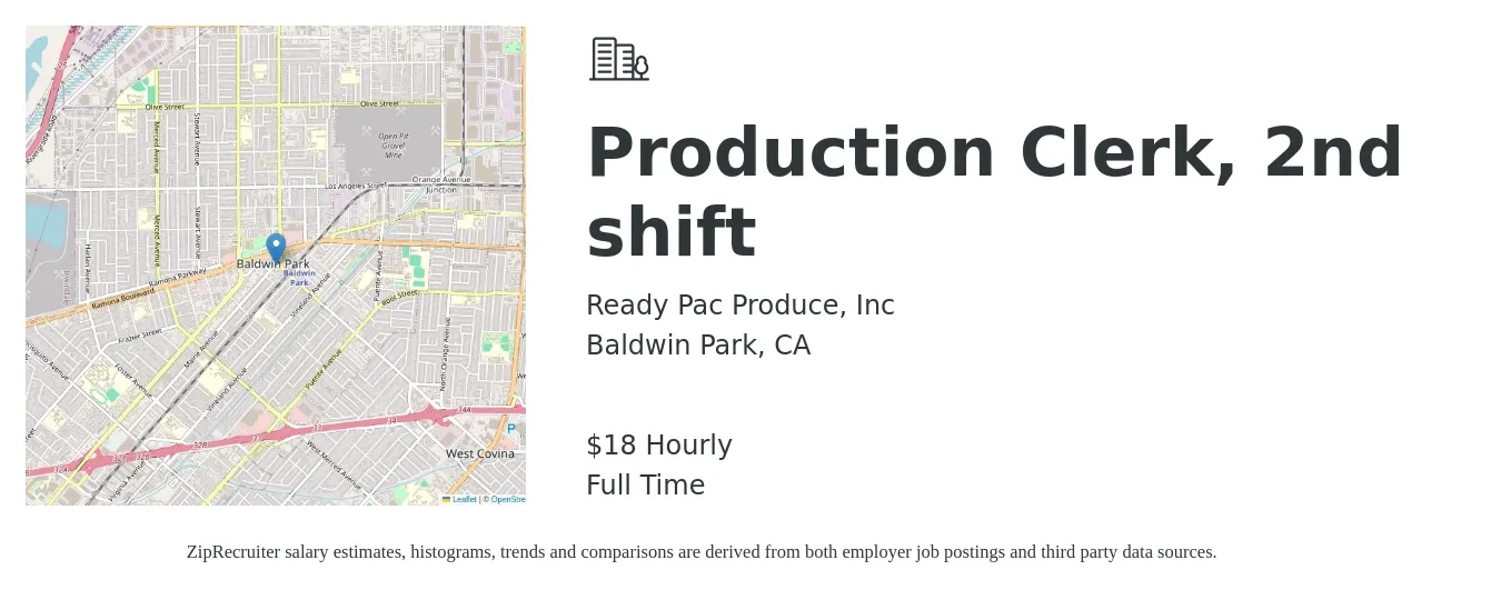 Ready Pac Produce, Inc job posting for a Production Clerk, 2nd shift in Baldwin Park, CA with a salary of $19 Hourly with a map of Baldwin Park location.