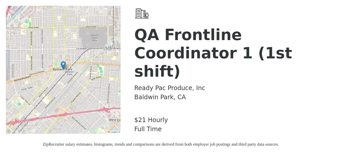 Ready Pac Produce, Inc job posting for a QA Frontline Coordinator 1 (1st shift) in Baldwin Park, CA with a salary of $22 Hourly with a map of Baldwin Park location.