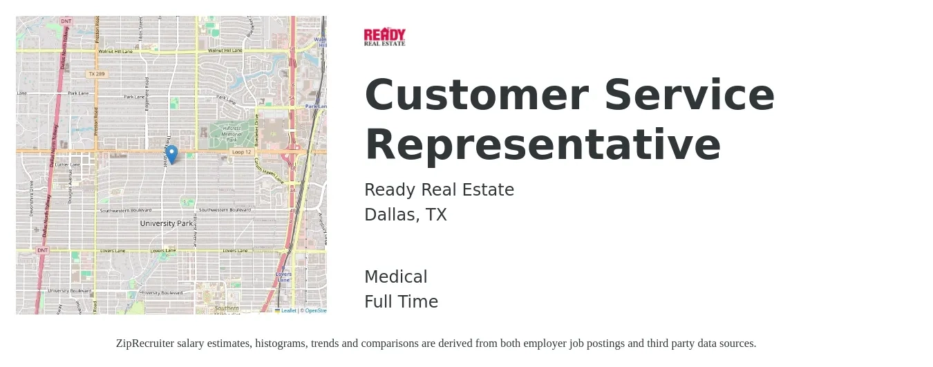 Ready Real Estate job posting for a Customer Service Representative in Dallas, TX with a salary of $16 to $22 Hourly and benefits including medical, and pto with a map of Dallas location.