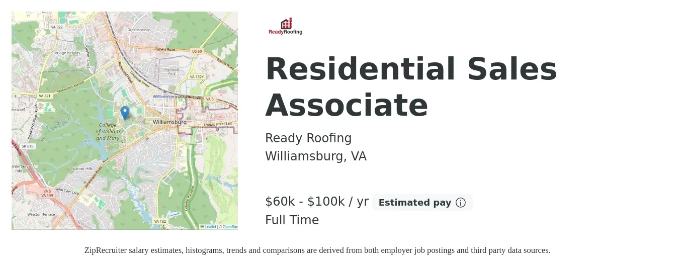 Ready Roofing job posting for a Residential Sales Associate in Williamsburg, VA with a salary of $60,000 to $100,000 Yearly with a map of Williamsburg location.