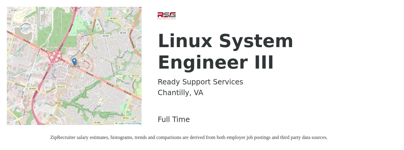 Ready Support Services job posting for a Linux System Engineer III in Chantilly, VA with a salary of $49 to $62 Hourly with a map of Chantilly location.