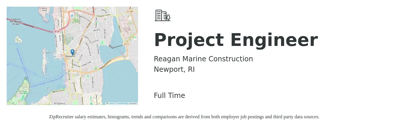Reagan Marine Construction job posting for a Project Engineer in Newport, RI with a salary of $65,000 to $100,000 Yearly with a map of Newport location.