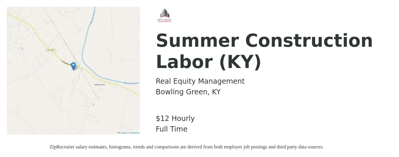 Real Equity Management job posting for a Summer Construction Labor (KY) in Bowling Green, KY with a salary of $13 Hourly with a map of Bowling Green location.