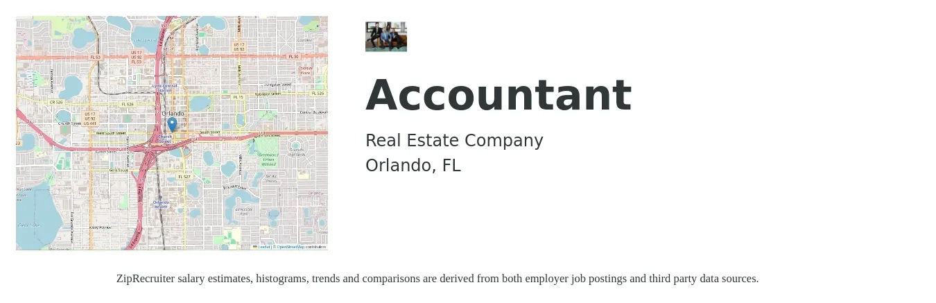 Realestate.com job posting for a Accountant in Orlando, FL with a salary of $49,900 to $73,300 Yearly with a map of Orlando location.