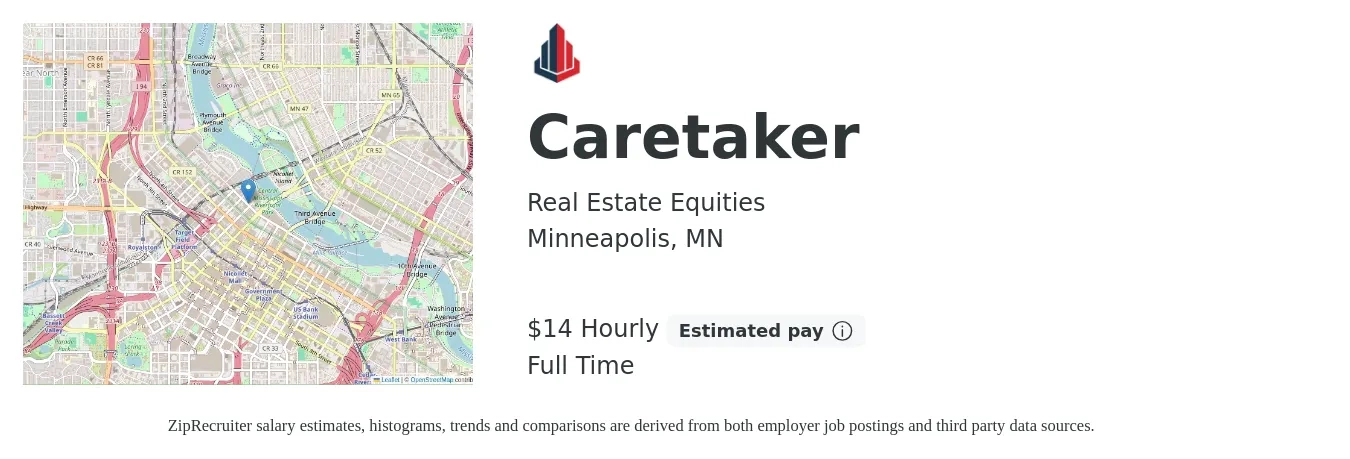 Real Estate Equities job posting for a Caretaker in Minneapolis, MN with a salary of $16 Hourly with a map of Minneapolis location.