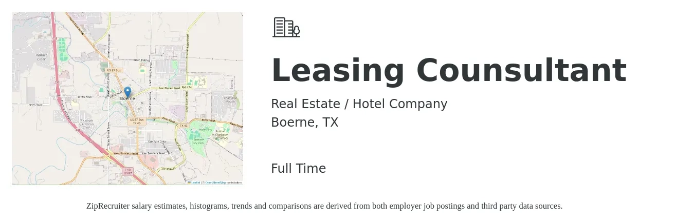 Real Estate / Hotel Company job posting for a Leasing Counsultant in Boerne, TX with a salary of $16 to $18 Hourly with a map of Boerne location.