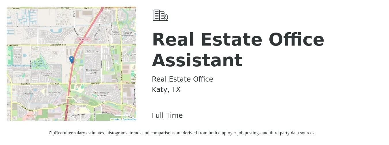 Real Estate Office job posting for a Real Estate Office Assistant in Katy, TX with a salary of $16 to $20 Hourly with a map of Katy location.