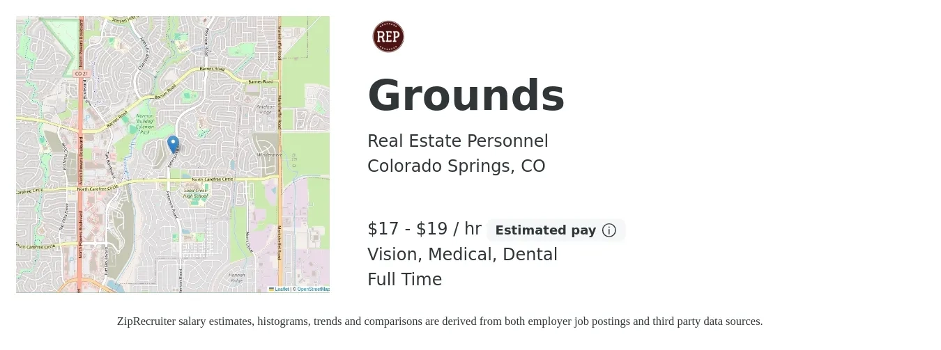 Real Estate Personnel job posting for a Grounds in Colorado Springs, CO with a salary of $18 to $20 Hourly and benefits including dental, life_insurance, medical, pto, retirement, and vision with a map of Colorado Springs location.