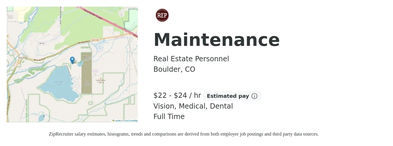 Real Estate Personnel job posting for a Maintenance in Boulder, CO with a salary of $23 to $25 Hourly and benefits including vision, dental, life_insurance, medical, pto, and retirement with a map of Boulder location.