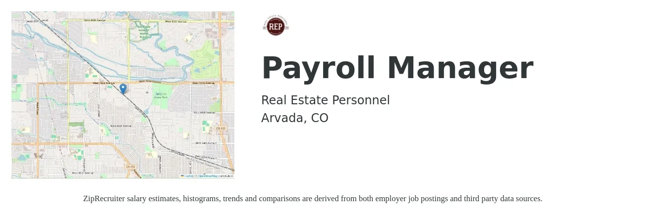 Real Estate Personnel, Inc. job posting for a Payroll Manager in Arvada, CO with a salary of $72,100 to $105,600 Yearly with a map of Arvada location.