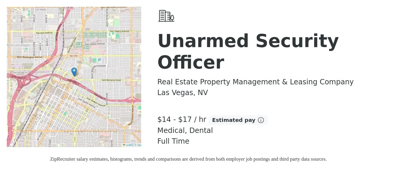 Real Estate Property Management & Leasing Company job posting for a Unarmed Security Officer in Las Vegas, NV with a salary of $15 to $18 Hourly and benefits including dental, life_insurance, and medical with a map of Las Vegas location.