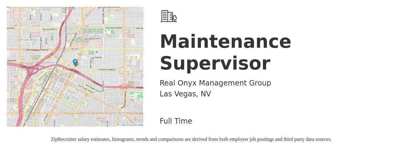 Real Onyx Management Group job posting for a Maintenance Supervisor in Las Vegas, NV with a salary of $23 to $38 Hourly and benefits including pto with a map of Las Vegas location.
