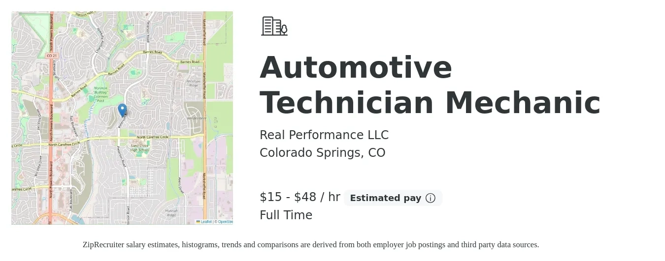 Real Performance LLC job posting for a Automotive Technician Mechanic in Colorado Springs, CO with a salary of $16 to $50 Hourly (plus commission) and benefits including pto with a map of Colorado Springs location.