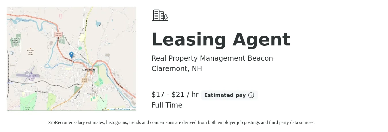 Real Property Management Beacon job posting for a Leasing Agent in Claremont, NH with a salary of $18 to $22 Hourly with a map of Claremont location.