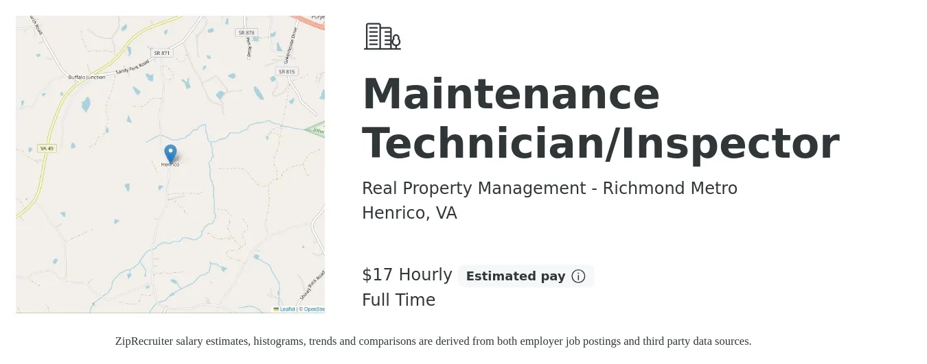 Real Property Management - Richmond Metro job posting for a Maintenance Technician/Inspector in Henrico, VA with a salary of $18 Hourly with a map of Henrico location.
