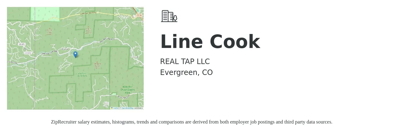 REAL TAP LLC job posting for a Line Cook in Evergreen, CO with a salary of $21 to $25 Hourly with a map of Evergreen location.