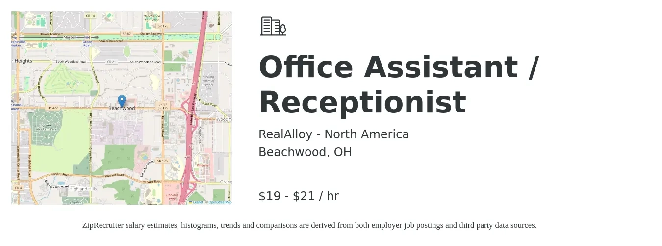 RealAlloy - North America job posting for a Office Assistant / Receptionist in Beachwood, OH with a salary of $20 to $22 Hourly with a map of Beachwood location.