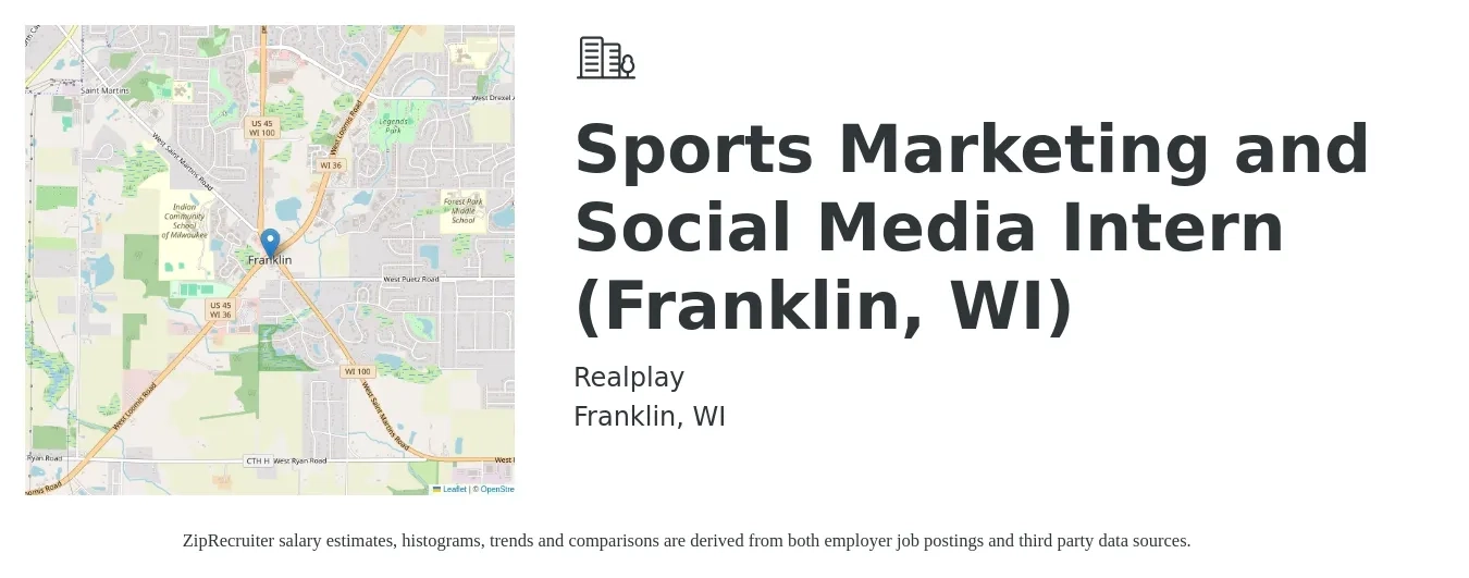 Realplay job posting for a Sports Marketing and Social Media Intern (Franklin, WI) in Franklin, WI with a salary of $14 to $18 Hourly with a map of Franklin location.