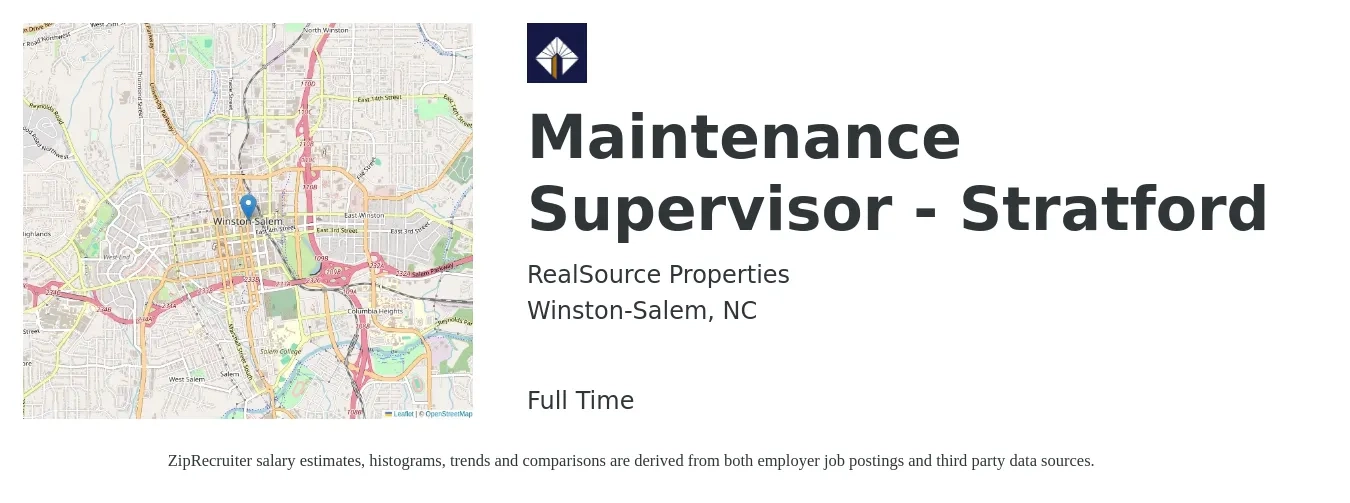 RealSource Properties job posting for a Maintenance Supervisor - Stratford in Winston-Salem, NC with a salary of $26 to $28 Hourly (plus commission) and benefits including medical, retirement, vision, dental, and life_insurance with a map of Winston-Salem location.