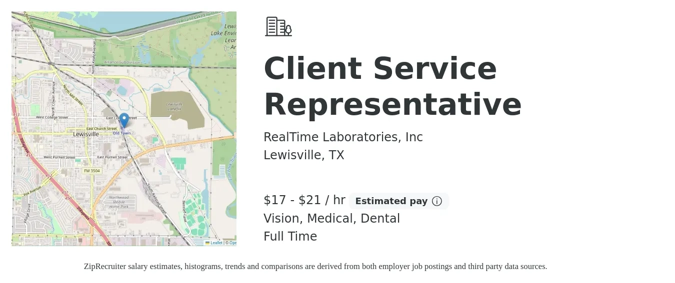 RealTime Laboratories, Inc job posting for a Client Service Representative in Lewisville, TX with a salary of $18 to $22 Hourly and benefits including dental, medical, and vision with a map of Lewisville location.