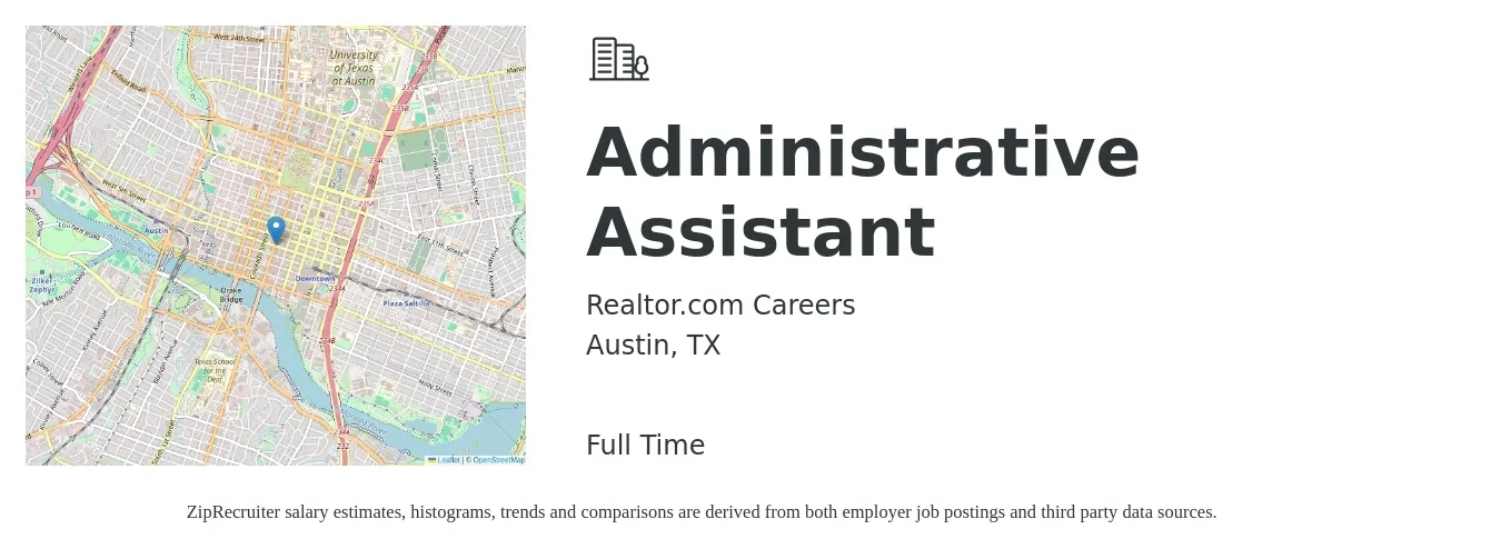 Realtor.com Careers job posting for a Administrative Assistant in Austin, TX with a salary of $18 to $24 Hourly with a map of Austin location.