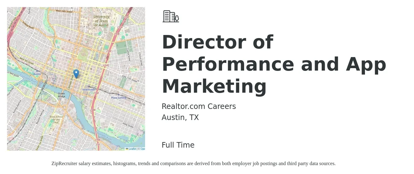 Realtor.com Careers job posting for a Director of Performance and App Marketing in Austin, TX with a salary of $70,900 to $130,300 Yearly with a map of Austin location.
