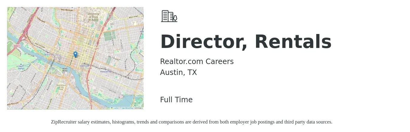 Realtor.com Careers job posting for a Director, Rentals in Austin, TX with a salary of $94,200 to $146,200 Yearly with a map of Austin location.