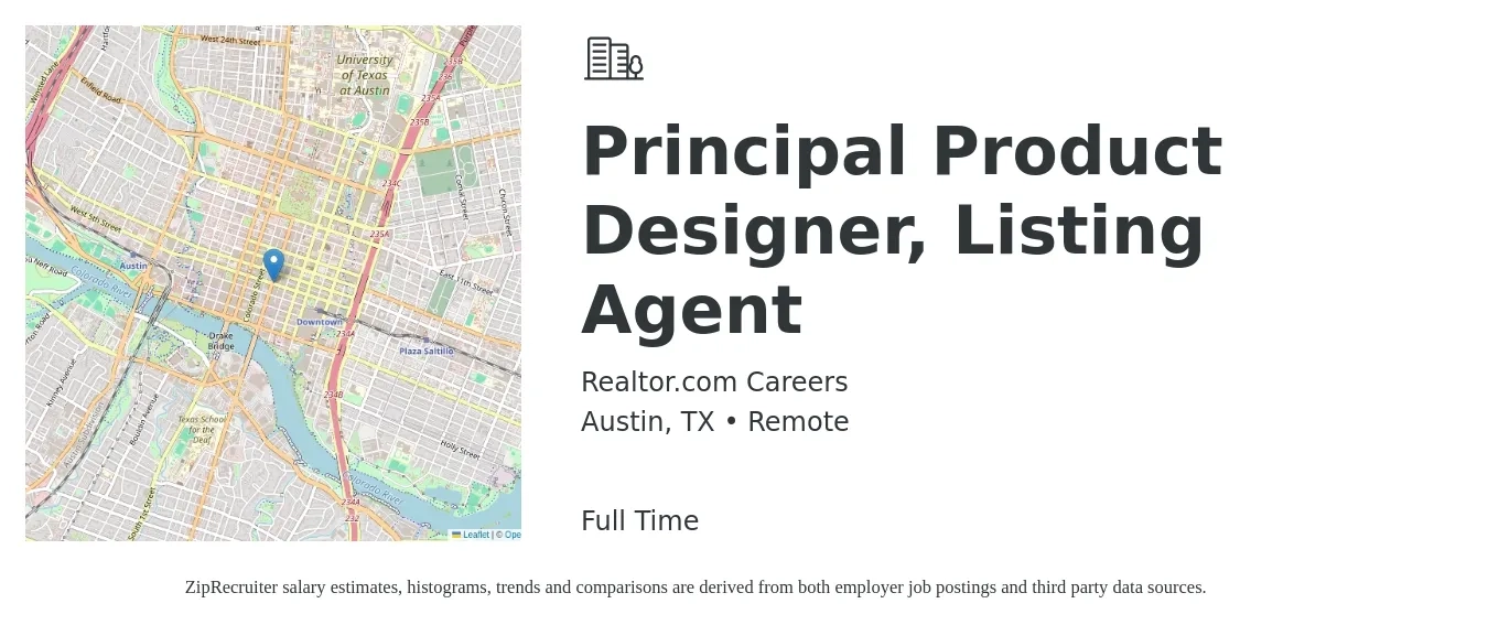 Realtor.com Careers job posting for a Principal Product Designer, Listing Agent in Austin, TX with a salary of $153,600 to $188,800 Yearly with a map of Austin location.