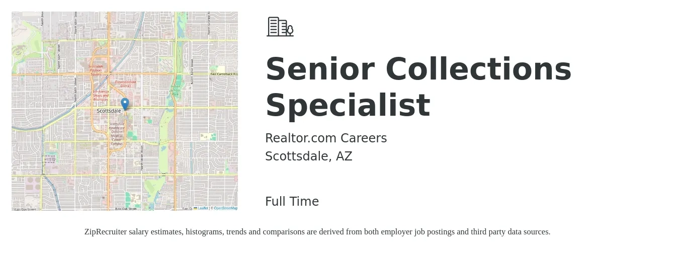 Realtor.com Careers job posting for a Senior Collections Specialist in Scottsdale, AZ with a salary of $19 to $25 Hourly with a map of Scottsdale location.