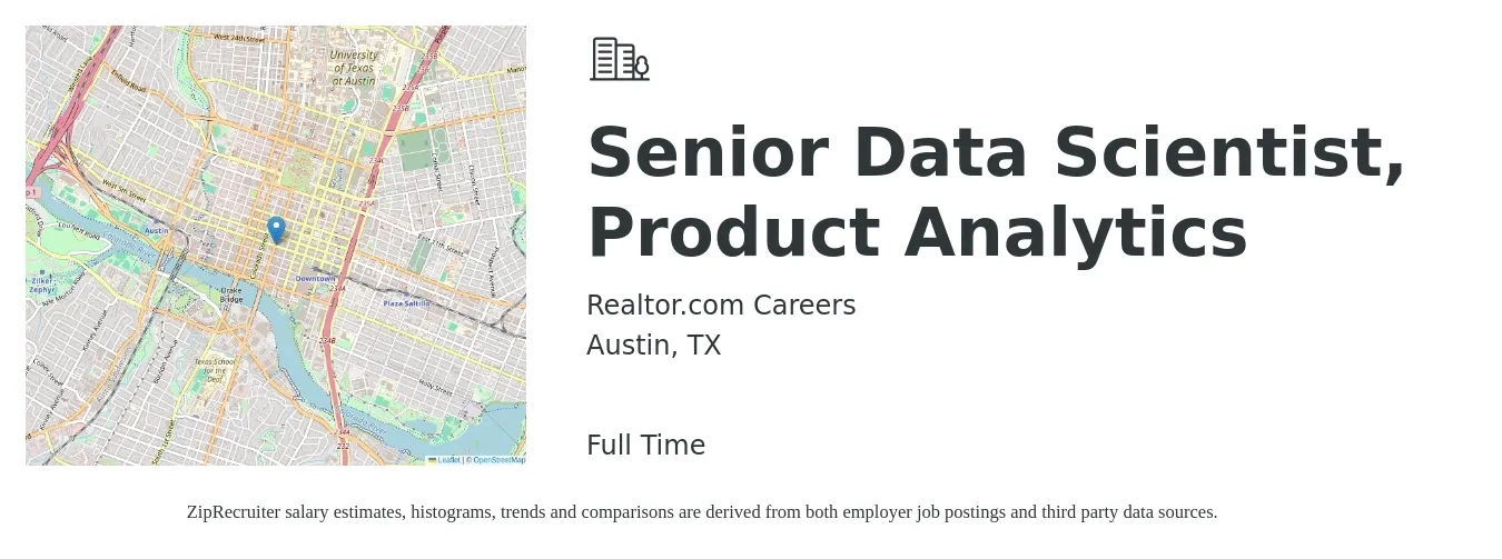 Realtor.com Careers job posting for a Senior Data Scientist, Product Analytics in Austin, TX with a salary of $117,500 to $165,000 Yearly with a map of Austin location.