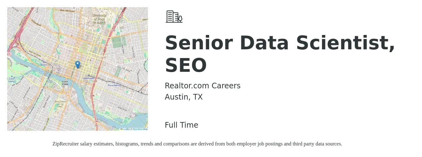Realtor.com Careers job posting for a Senior Data Scientist, SEO in Austin, TX with a salary of $117,500 to $165,000 Yearly with a map of Austin location.