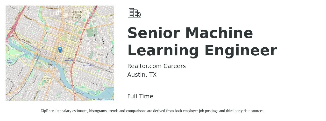 Realtor.com Careers job posting for a Senior Machine Learning Engineer in Austin, TX with a salary of $121,400 to $160,100 Yearly with a map of Austin location.