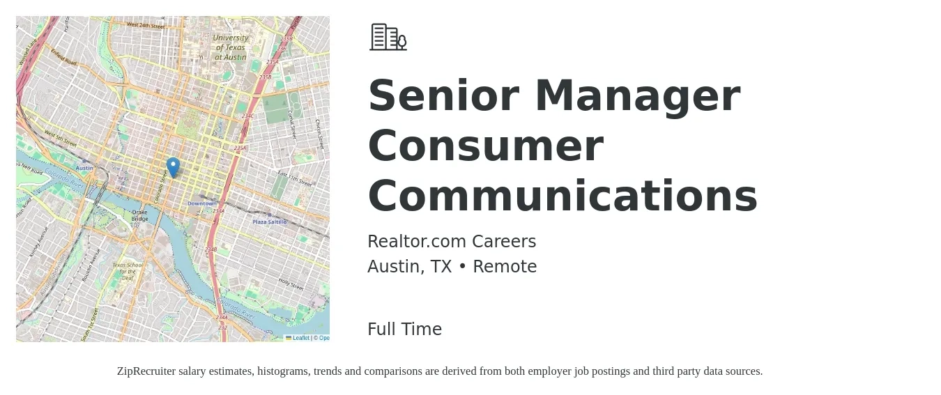 Realtor.com Careers job posting for a Senior Manager Consumer Communications in Austin, TX with a salary of $30 Hourly with a map of Austin location.