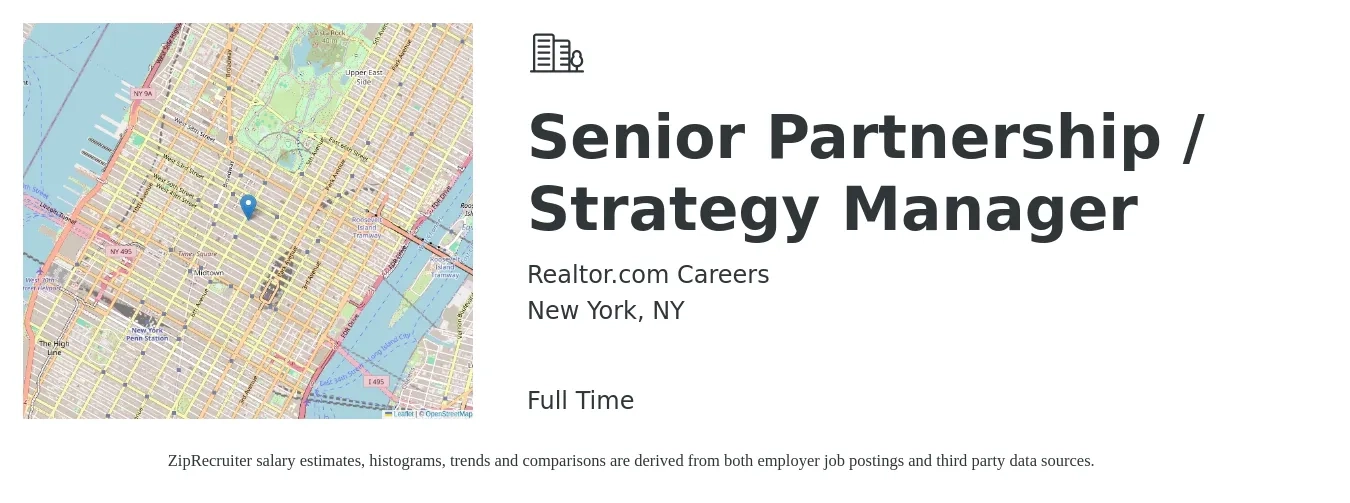 Realtor.com Careers job posting for a Senior Partnership / Strategy Manager in New York, NY with a salary of $123,100 to $177,800 Yearly with a map of New York location.