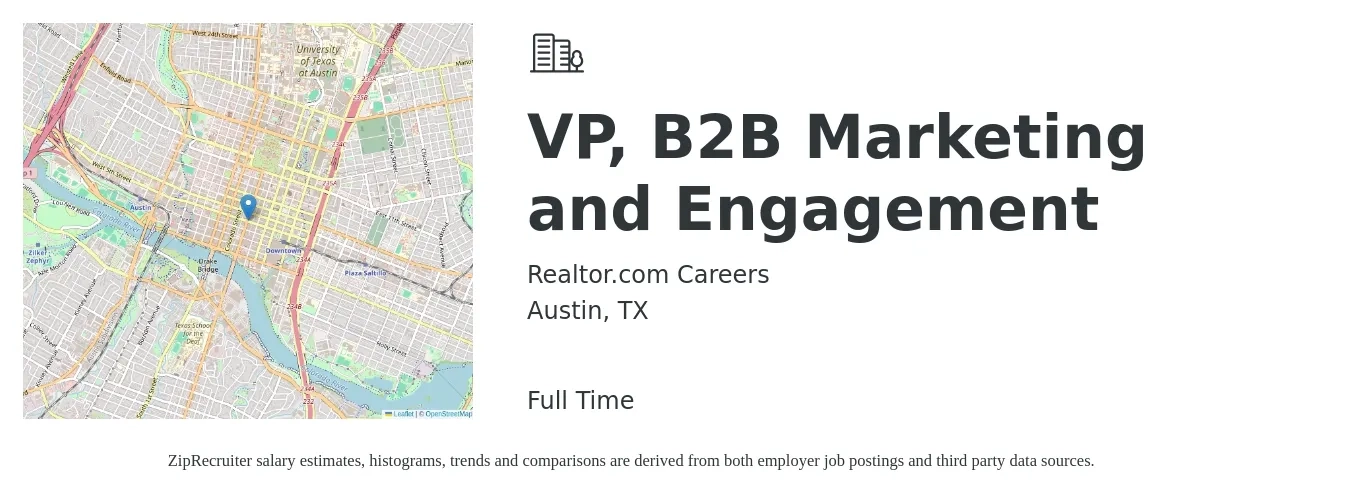 Realtor.com Careers job posting for a VP, B2B Marketing and Engagement in Austin, TX with a salary of $135,800 to $203,200 Yearly with a map of Austin location.