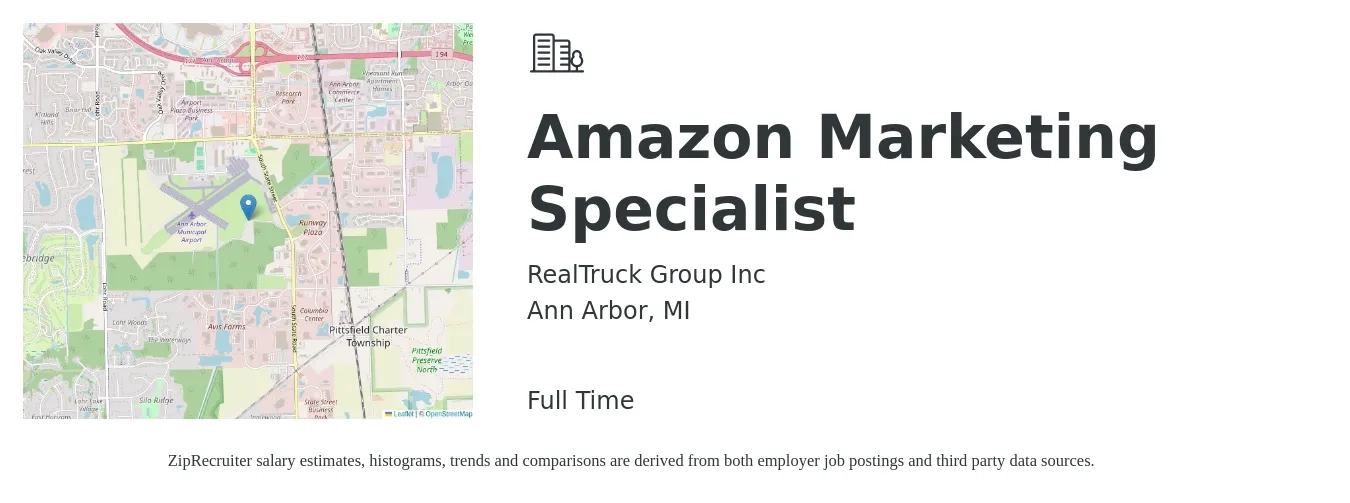 RealTruck Group Inc job posting for a Amazon Marketing Specialist in Ann Arbor, MI with a salary of $47,200 to $69,600 Yearly with a map of Ann Arbor location.