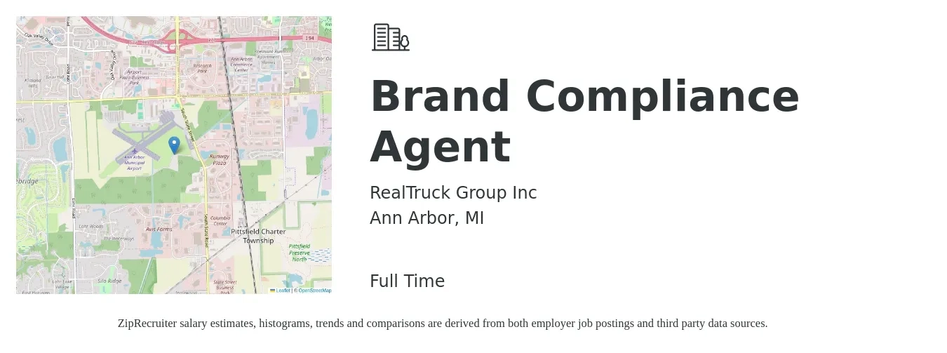 RealTruck Group Inc job posting for a Brand Compliance Agent in Ann Arbor, MI with a salary of $20 to $32 Hourly with a map of Ann Arbor location.