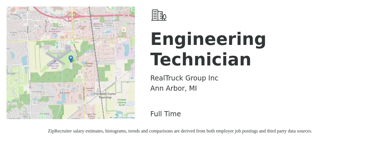 RealTruck Group Inc job posting for a Engineering Technician in Ann Arbor, MI with a salary of $46,700 to $71,600 Yearly with a map of Ann Arbor location.