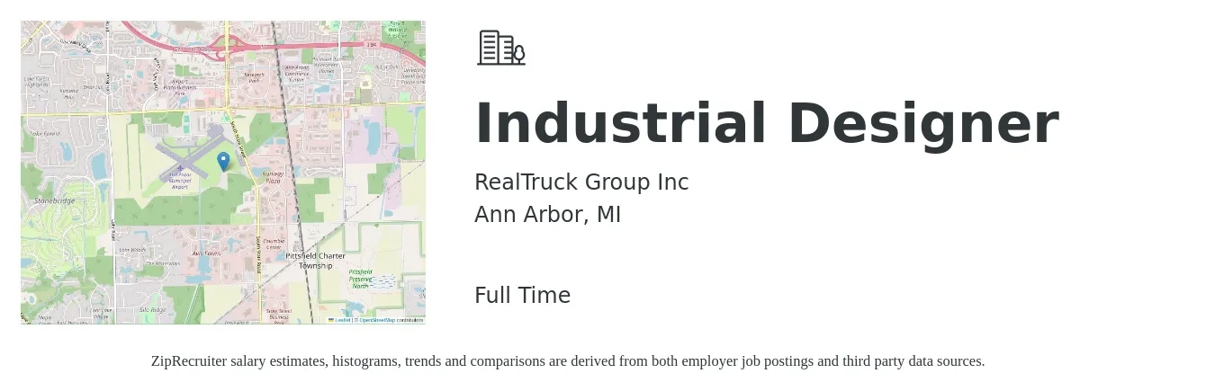 RealTruck Group Inc job posting for a Industrial Designer in Ann Arbor, MI with a salary of $128,200 Yearly with a map of Ann Arbor location.