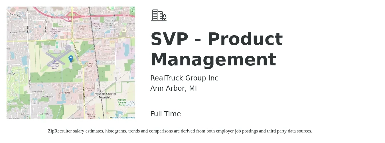 RealTruck Group Inc job posting for a SVP - Product Management in Ann Arbor, MI with a salary of $231,600 to $242,600 Yearly with a map of Ann Arbor location.